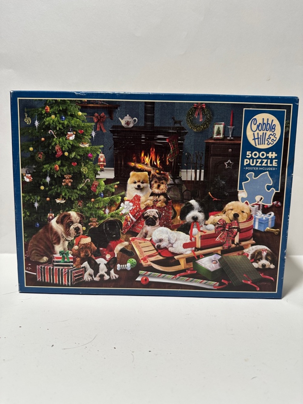 Cobble Hill 500 Piece Christmas Puppy Puzzle Complete w/ Poster Holiday Dogs